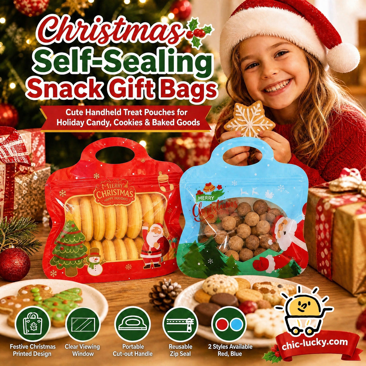 🎄 Festive Self-Seal Treat Bags – Santa & Snowman Print | Resealable, Food-Safe & Perfect for Cookies, Chocolates & Little Gifts⛄