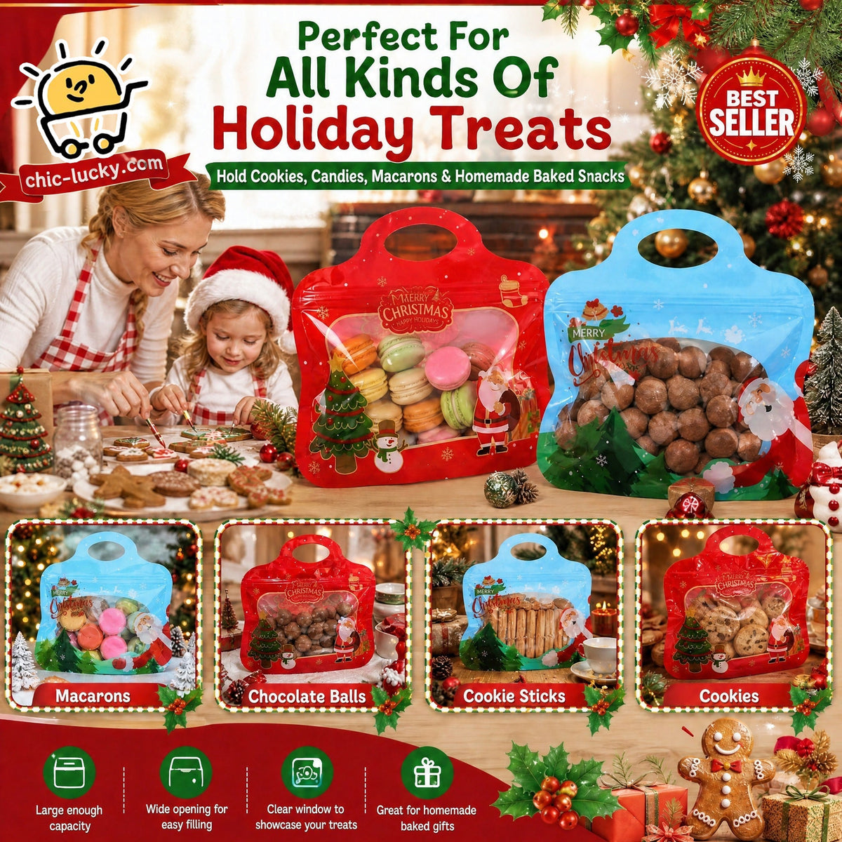 🎄 Festive Self-Seal Treat Bags – Santa & Snowman Print | Resealable, Food-Safe & Perfect for Cookies, Chocolates & Little Gifts⛄