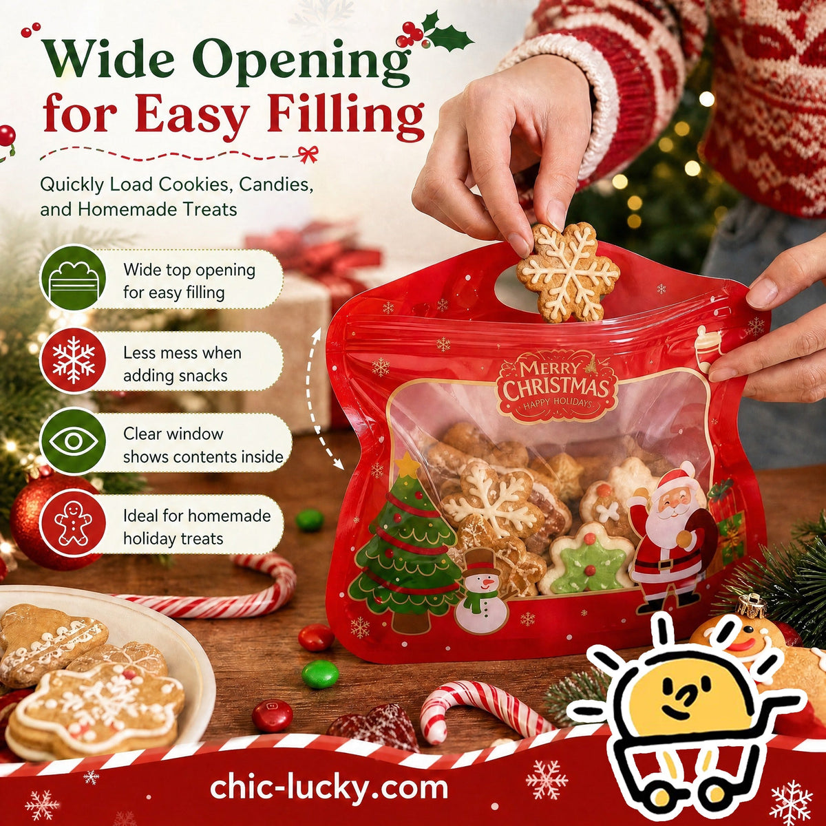 🎄 Festive Self-Seal Treat Bags – Santa & Snowman Print | Resealable, Food-Safe & Perfect for Cookies, Chocolates & Little Gifts⛄