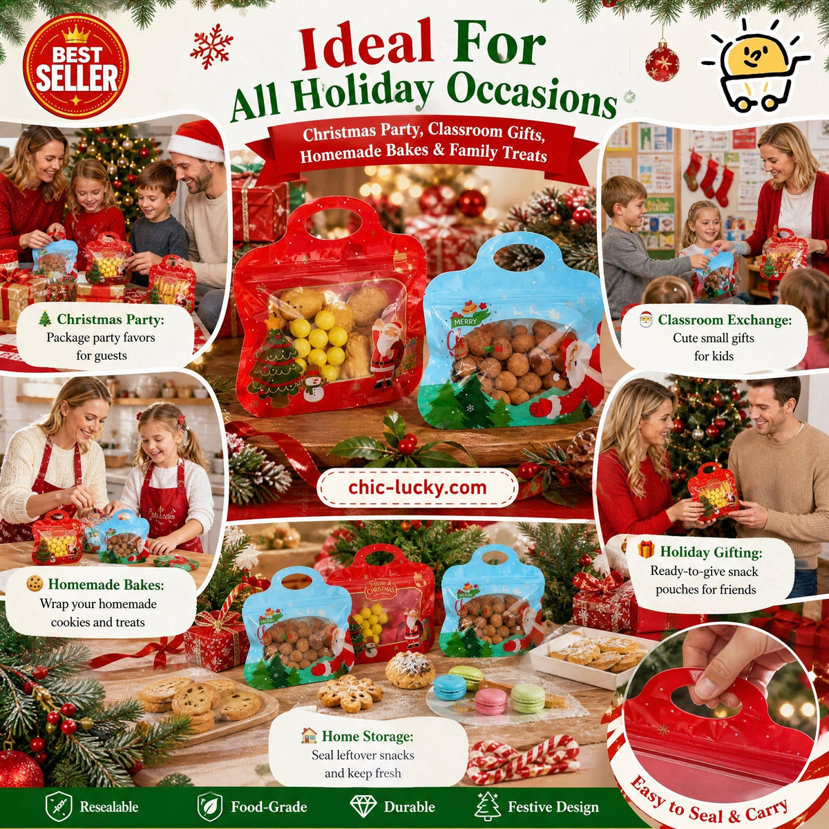 🎄 Festive Self-Seal Treat Bags – Santa & Snowman Print | Resealable, Food-Safe & Perfect for Cookies, Chocolates & Little Gifts⛄